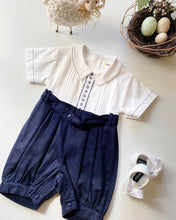 Load image into Gallery viewer, WHITE/NAVY BELTED ROMPER
